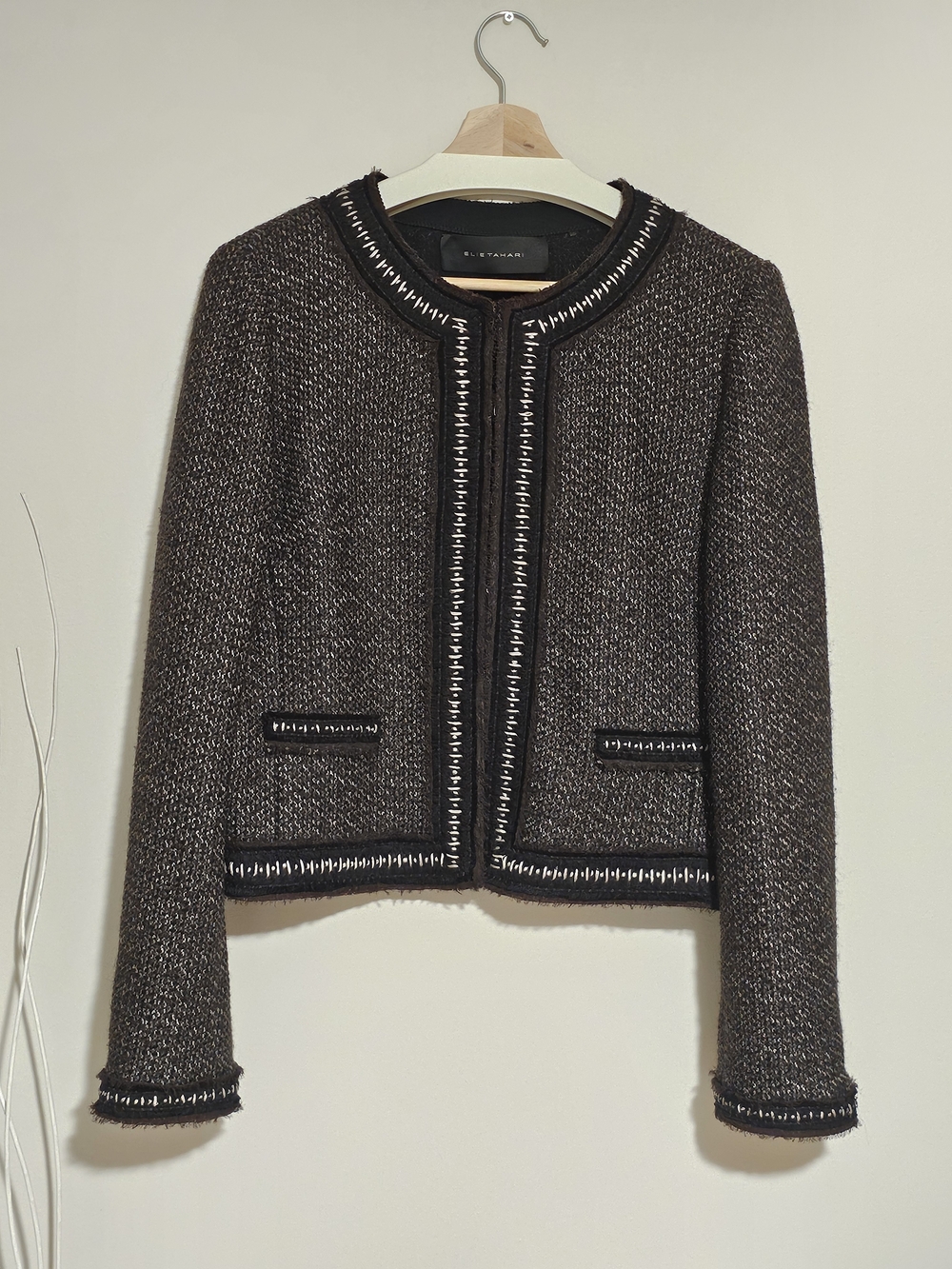 Elie Tahari Wool Cashmere Alpaca Tweed Jacket Whipstitch Size L